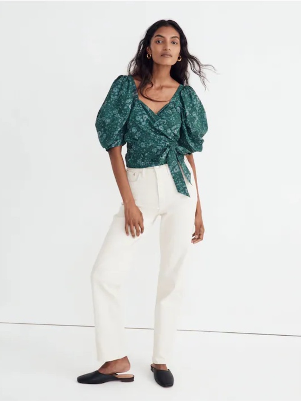Madewell Forest Green Floral Wrap Blouse